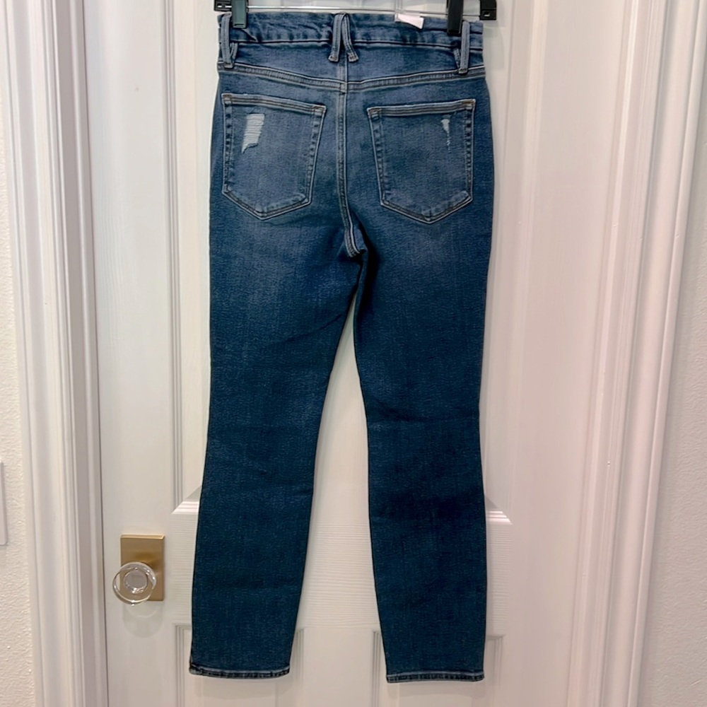 NEW GOOD AMERICAN GOOD LEGS STRAIGHT CROPPED DISTRESSED JEANS 27 (4) BLUE - Picture 5 of 11